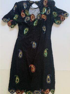 Vintage 100% Silk Beaded Dress Paisley Sequin Black India Boho Party XS S